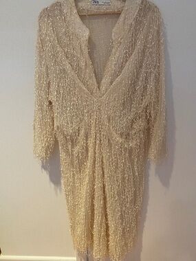 Zara Cream Beaded Long Sleeve Midi Dress